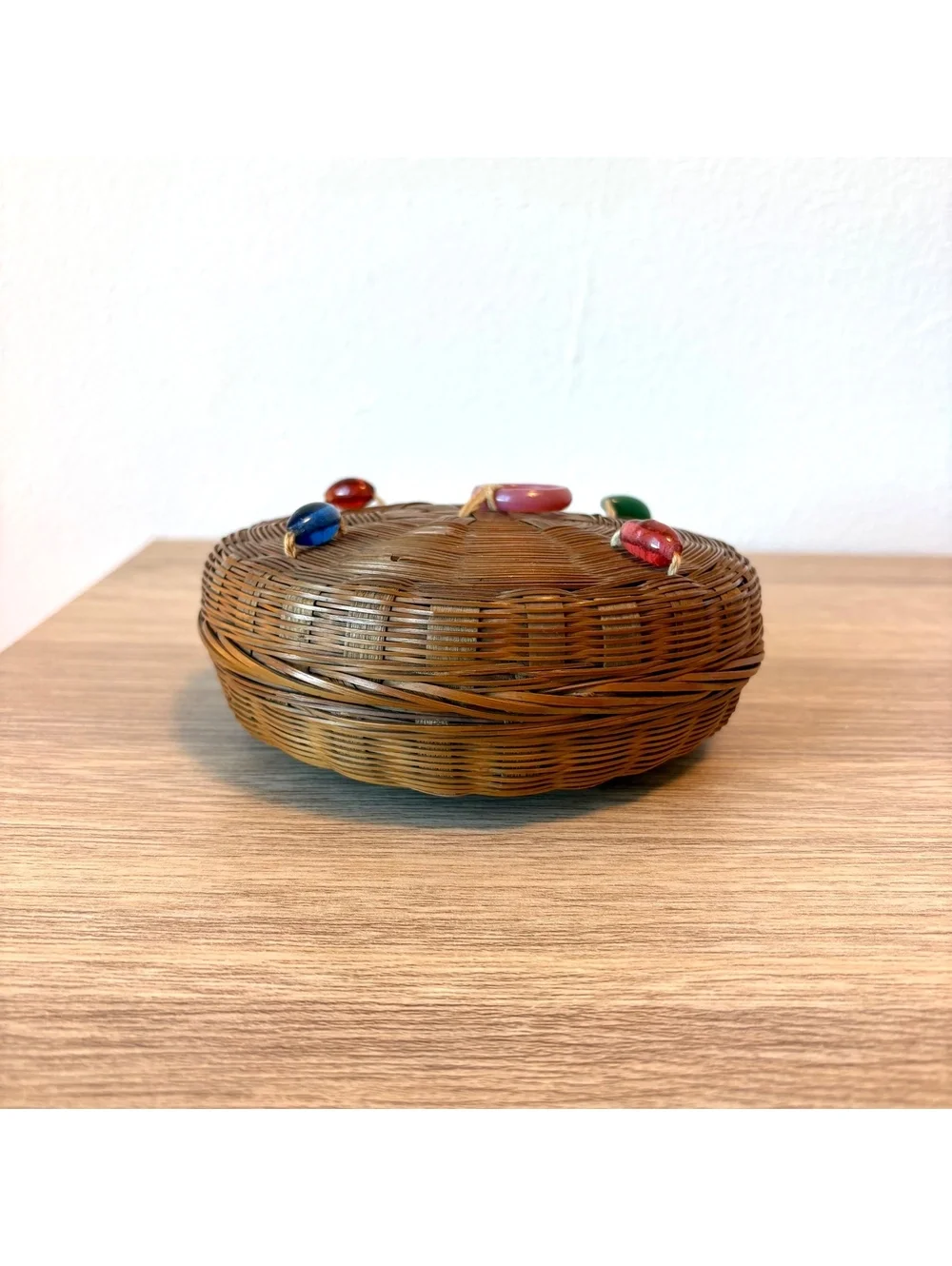 Woven Trinket Box Lidded Basket Colorful Bead Accents Boho Decor Rattan Bamboo
